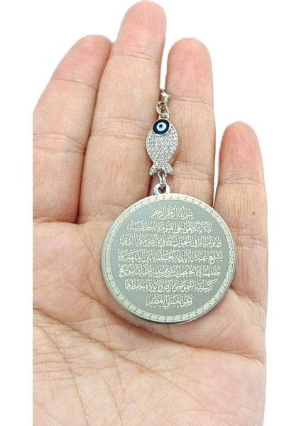 Zirkon Balık Gümüş Renk Çelik Çift Taraflı Ayetel Kürsi Felak Nas Ihlas Araba Dikiz Ayna Süsü