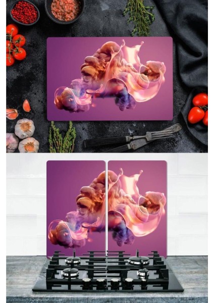 Renkli 20x30 cm mor cam ocak koruyucu ve 4'lü ocak seti