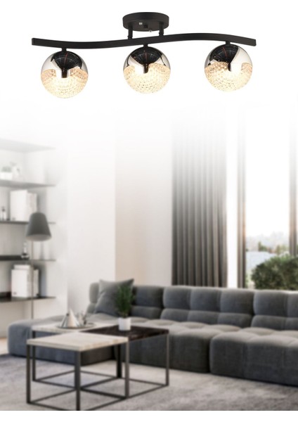 Nisa Luce 3'lü Bodrum Taşlı LED Plafonyer Avize - Siyah / Krom