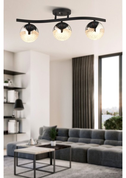 Nisa Luce 3'lü Bodrum Taşlı LED Plafonyer Avize - Siyah / Krom