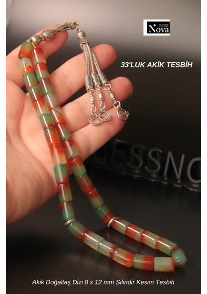 Sertifikalı Brezilya Tavus Kuşu Akik Doğal Taş Tesbih 8 x 12 mm Kapsül Kesim