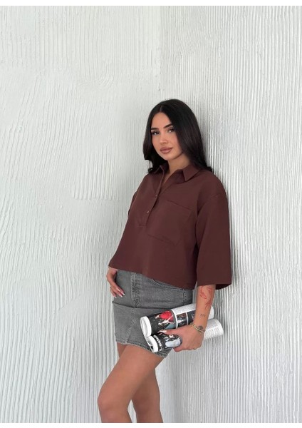 Kadın Crop Yakalı Gömlek Üç Çeyrek Sleeve Kol - Kahverengi fiyatları