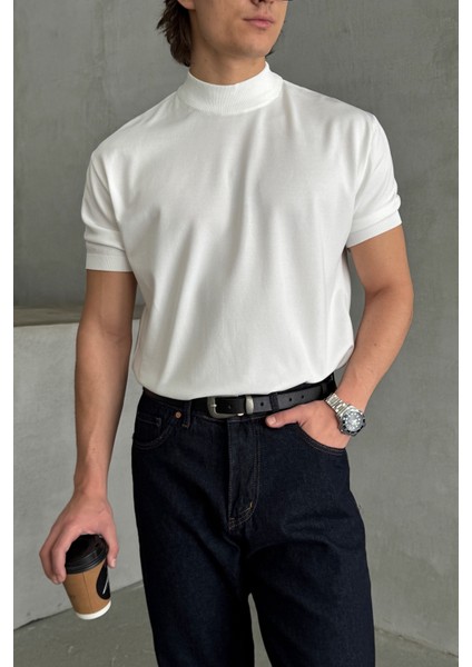 Erkek Oversize Yarım Balıkçı Triko T-Shirt