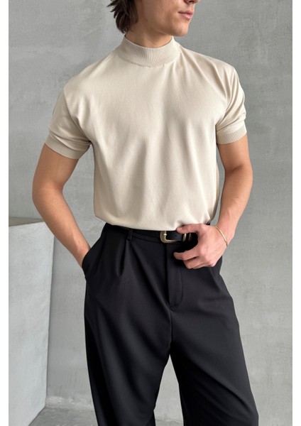 Erkek Oversize Yarım Balıkçı Triko T-Shirt