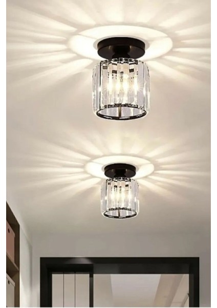 Modern Kristal Taşlı Siyah Tavan Lambası - 1 Ampül Eklenebilir