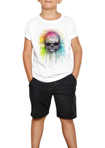 Skull Kuru Kafa Paint Beyaz Çocuk Tişört