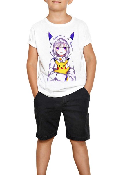 Re Zero Emilia And Pikachu Beyaz Çocuk Tişört