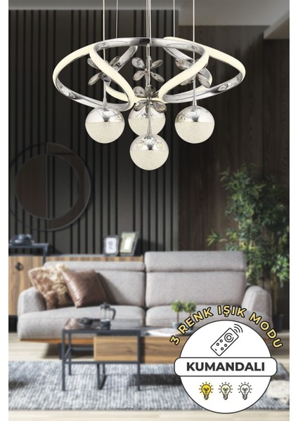 3 Renk Işık Özellikli Modern Sarkıt Led Avize - Alüminyum Malzemeli, 4 Başlık, Boyut: 45 x 70