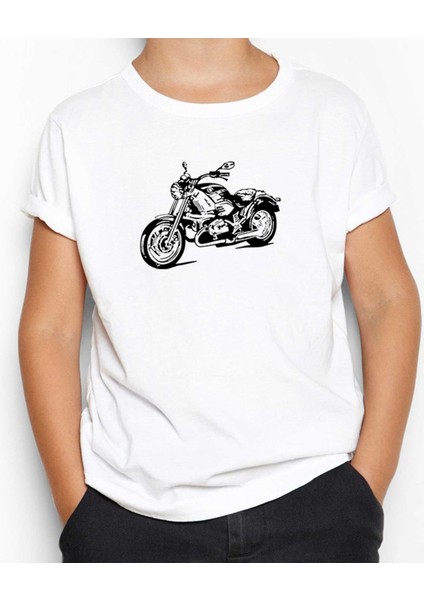 Kruvazör Motosiklet Çizim Beyaz Çocuk Tişört