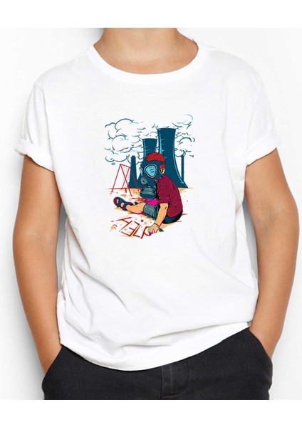 Gas Mask Boy Cartoon Beyaz Çocuk Tişört