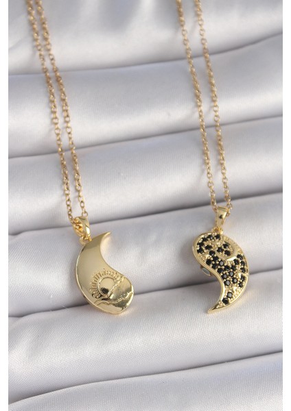 316L Çelik Gold Renk Zincir Zirkon Taşlı Ying Yang Model Gün Batımı Işlemeli Arkadaşlık Kadın Kolye