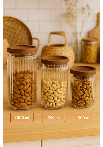 Akasya Kapaklı Cam Kavanoz Seti (500 ml - 700 ml - 1000 Ml)