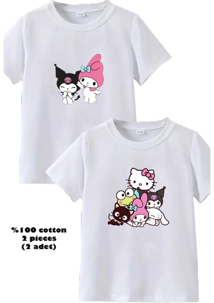 2li Kaliteli Pamuk Penye Kız Çocuk Baskılı Tshirt Tişört 5 6 7 8 9 10 11 12 13 14 Yaş Lilo Kuromi Hello