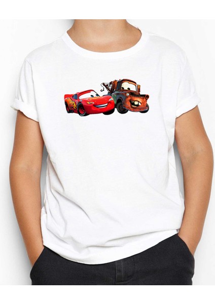 Şimşek Mcqueen ve Tow Mater Arabalar Beyaz Çocuk Tişört