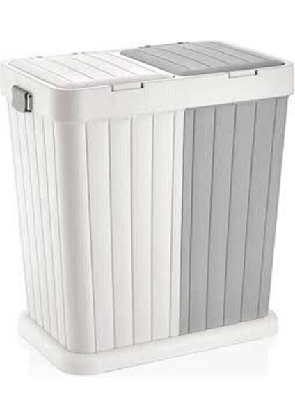 İki Kapaklı Gri-Beyaz ve Yeşil Krem Plastik Çamaşır Sepeti, 80 L