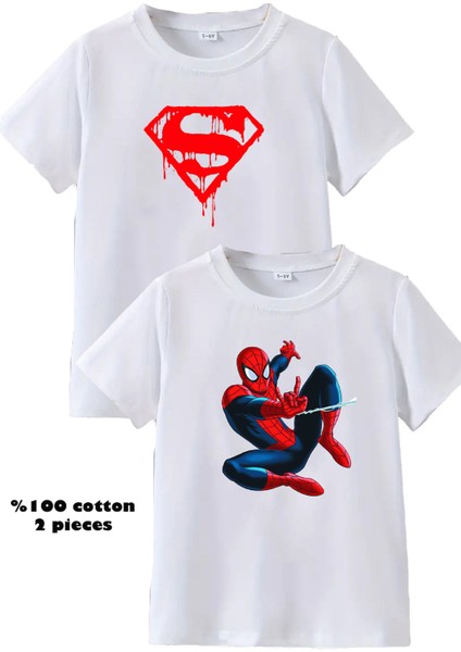 2li Kaliteli Pamuk Penye Erkek Çocuk Baskılı Tshirt Tişört 5 6 7 8 9 10 11 12 13 14 Yaş Örümcekadam Batman