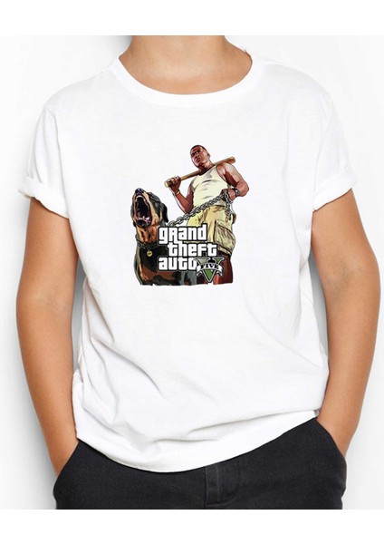 Grand Theft Auto Five Dog And Man Beyaz Çocuk Tişört