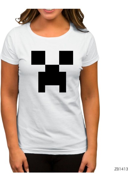 Minecraft Creeper Face Beyaz Kadın Tişört