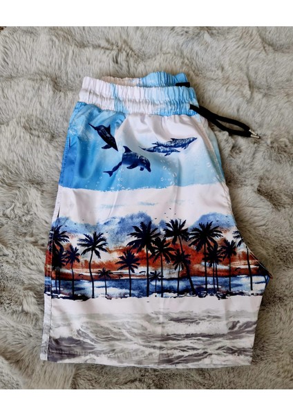 Sahil Desenlı Paraşüt Kumaş Su Tutmayan Erkek Bebek ve Çocuk Deniz Şortu