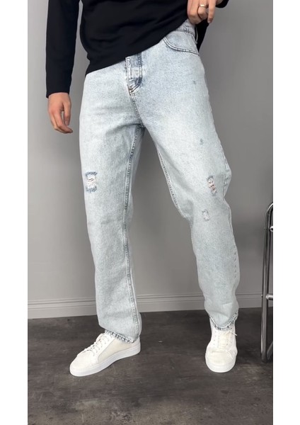 Yırtık Detay Buz Mavi Baggy Pantolon