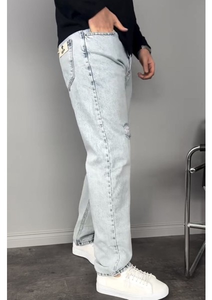 Yırtık Detay Buz Mavi Baggy Pantolon modelleri