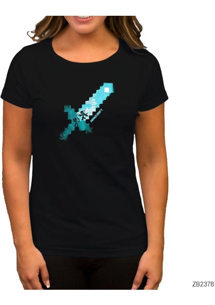 Minecraft Diamond Sword Siyah Kadın Tişört