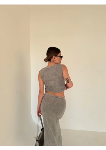 Uzun Etekli Önü Düğmeli Badi Ikili Takım- Gri modelleri