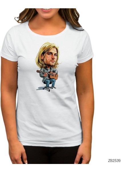 Kurt Cobain Cartoon Beyaz Kadın Tişört