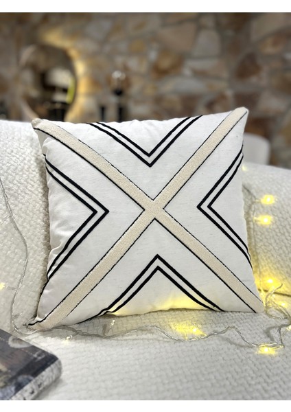 1 Adet Punch Kırlent Kılıfı Geometrik - Punch Yastık Kılıfı Krem Bej Beyaz 43 x 43 Fermuarlı