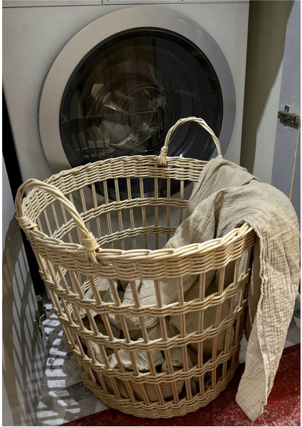 Yıkanabilir Çok Amaçlı Çamaşır ve Oyuncak Sepeti, Ekru, Hasır, Pratik ve Şık Tasarım