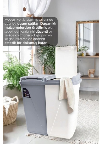 2'li Çamaşır Sepeti Seti - 90 Lt Iki Bölmeli Kirli Çamaşır Sepeti Katlanabilir Akordiyon Sepet Pemb