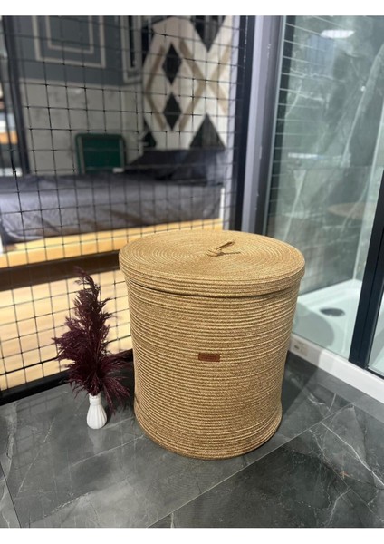Doğal Hasır Kapaklı Çok Amaçlı Sepet, Jüt, Bej, 20 L