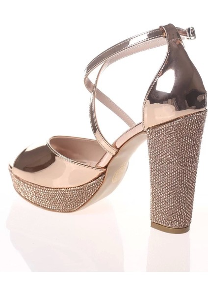 Kadın Moda Şık Gold Ayna Ökçe Poli Taş Topuklu Zarif Tasarım Düğün Nişan Gece Abiye Ayakkabı fırsatları