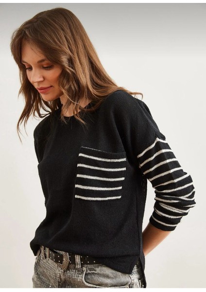 Kadın Çizgili Cepli Merserize Triko Bluz modelleri