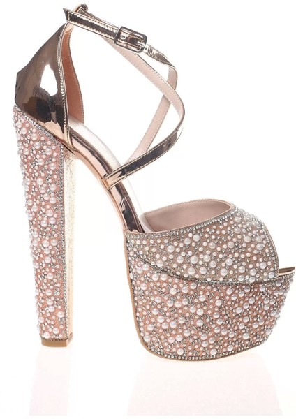 Kadın Moda Şık Gold Ayna Full Inci Taş Topuklu Düğün Nişan Gece Abiye Ayakkabı