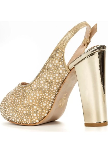 Kadın Moda Şık Gold Ayna Full Inci Taş Düğün Nişan Gece Abiye Ayakkabı