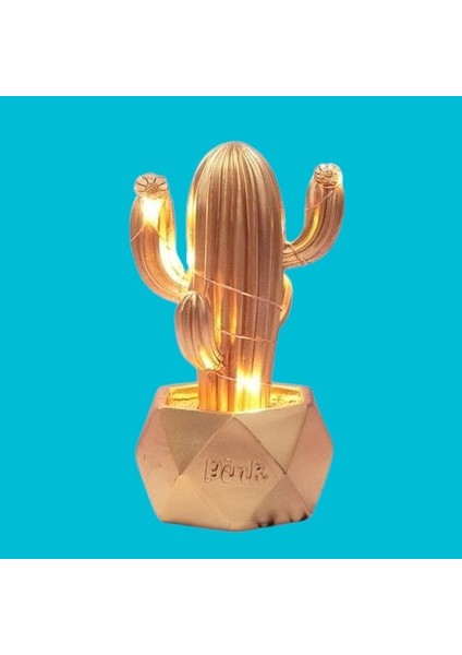 Pratikaı LED Işıklı Dekoratif Kaktüs Biblo | Gold Renk & Gece Lambası