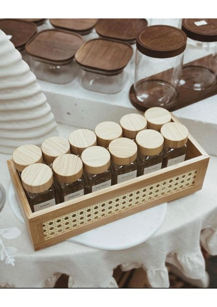 Bambu Kapaklı 12'li Cam Baharatlık Seti, 16 Etiketli, Şık ve Pratik Saklama Hacim:126 ml modelleri