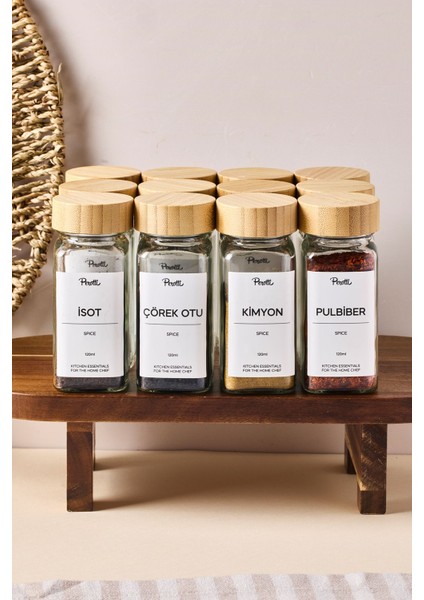 Bamboo 120 ml 12'li Bambu Kapaklı Etiketli Cam Kare Formlu Baharatlık Seti