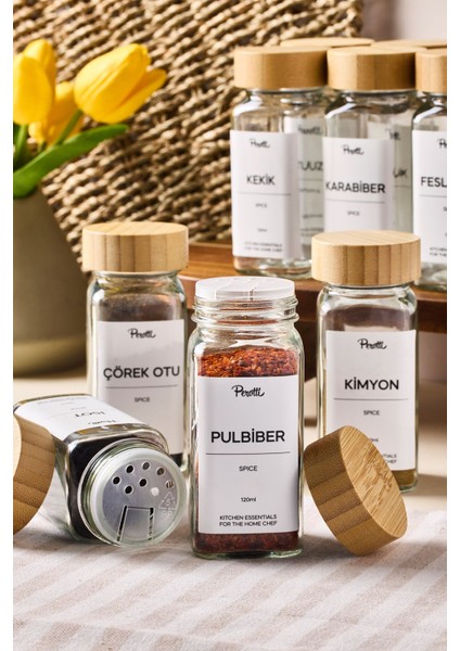Bamboo 120 ml 12'li Bambu Kapaklı Etiketli Cam Kare Formlu Baharatlık Seti