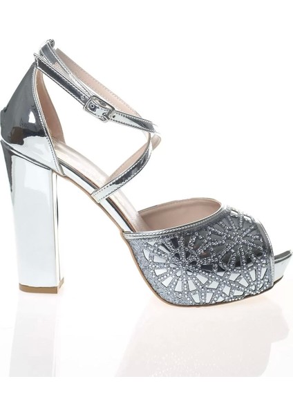 Kadın Moda Şık Gümüş Ayna Kristal Yüz Lazer Topuklu Düğün Nişan Gece Abiye Ayakkabı