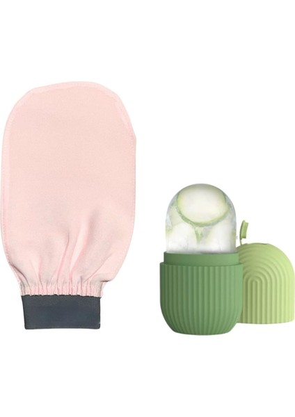2'li Süper Set Banyo Duş Kesesi Pembe- Buz Küpü Yüz Masaj Aleti, Soğuk Terapi