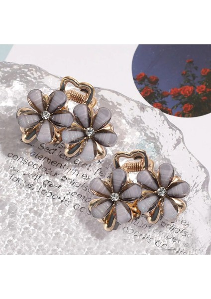 Metal Çiçekli Zarif Gold Mandal Toka 2 Adet Kristal Taşlı Kadın Trend Saç Tokası