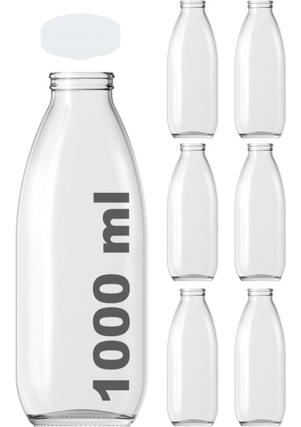 1000 ml Şeffaf Sürahi Süt, Ayran, Su, Limonata, Meşrubat Şişesi 1000 cc Kapaklı Cam Şişe 6 Adet