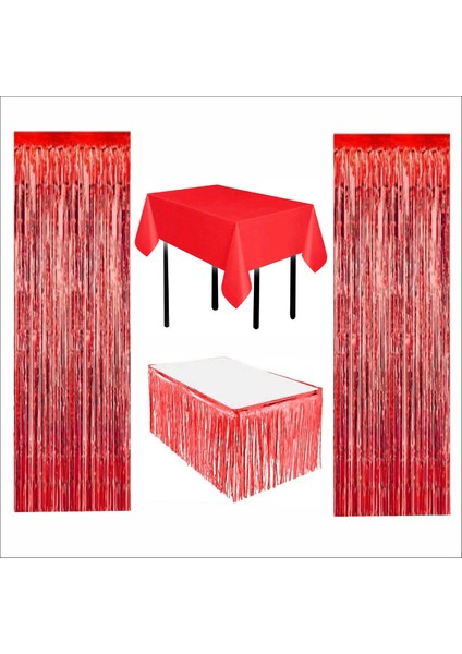 Kırmızı Masa Örtüsü, Kırmızı Masa Eteği, 2 Adet Kırmızı Arka Fon