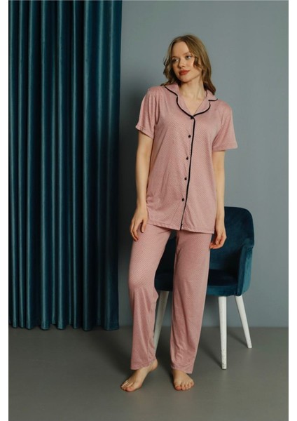 Işılay Gül Kurusu Önden Düğmeli Viskon Kumaş Kısa Kollu Bayan Pijama Takımı 15700-GK