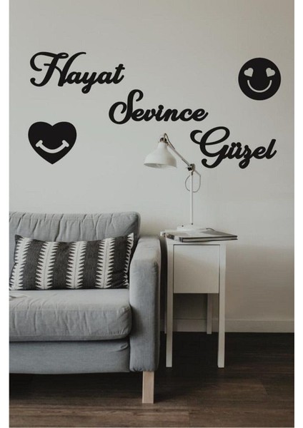 Hayat Sevince Güzel Duvar Yazısı Ahşap Duvar Tablosu + Mutlu Kalp Smile