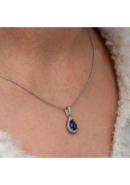 Gümüş Mavi Taşlı Damla Kadın Kolye SL11533 fırsatları