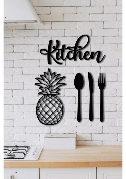 Siyah Ahşap Kitchen Ananas 5 Parça Duvar Dekoru Yazısı - Mutfak Cafe Için Lazer Kesim 35 x 45 cm Tablo
