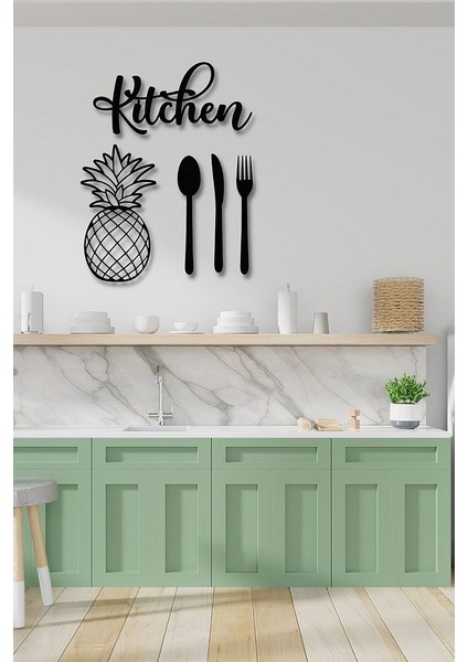 Siyah Ahşap Kitchen Ananas 5 Parça Duvar Dekoru Yazısı - Mutfak Cafe Için Lazer Kesim 35 x 45 cm Tablo modelleri